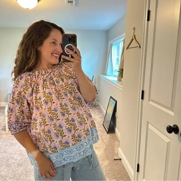 NWT Tuckernuck SZ Blockprints Pink Blue Floral Cotton Oversized Blouse Small - Picture 2 of 14